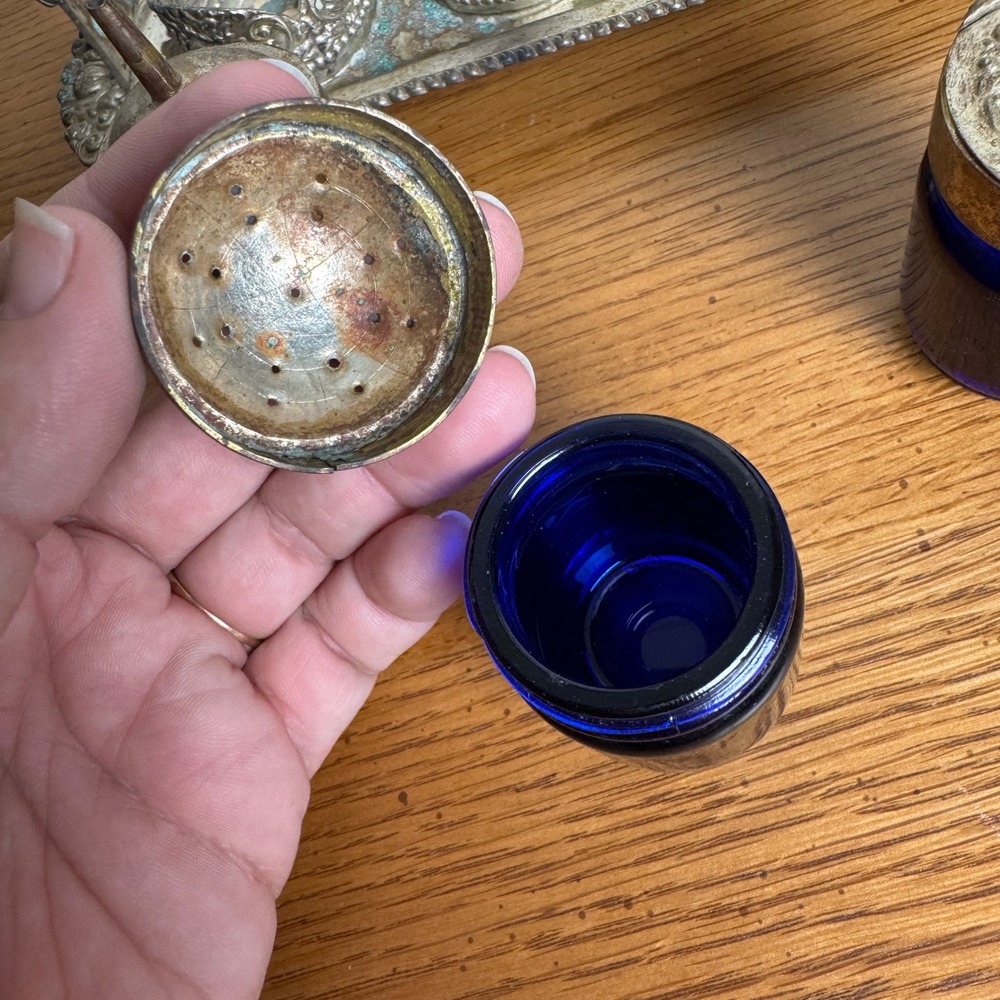 Victorian Era Antique Silver Plated Cobalt Blue Condiment Serving Caddy - Picture 11 of 16